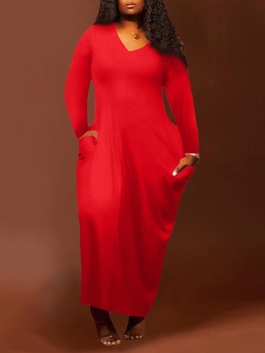 

LW BASICS Plus Size V Neck Pocket Design Dress, Red