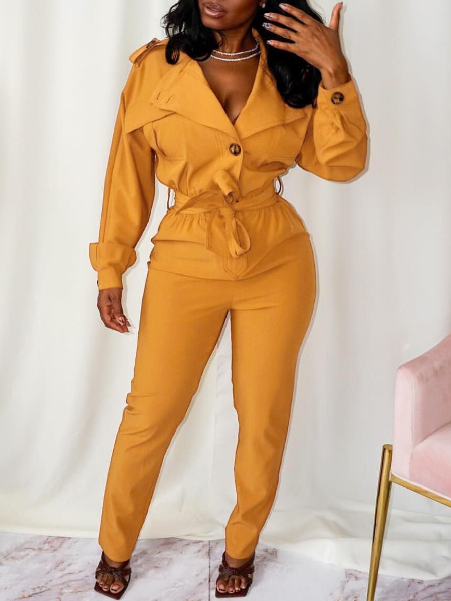 

LW Lapel Neck Button Design Belted Jumpsuit, Yellow