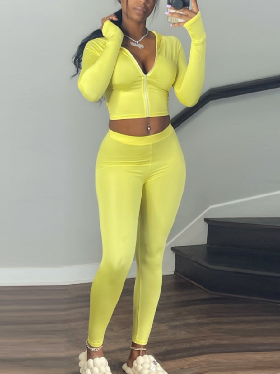 

LW BASICS Zip Up Crop Skinny Pants Set, Yellow