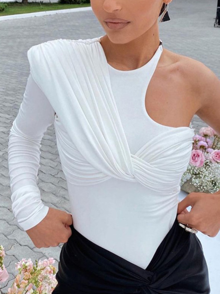 

LW SXY One Shoulder Ruched Knotted Bodysuit, White