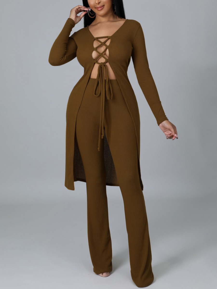 

LW SXY Rib-Knit Bandage Hollow-out Design Pants Set, Brown