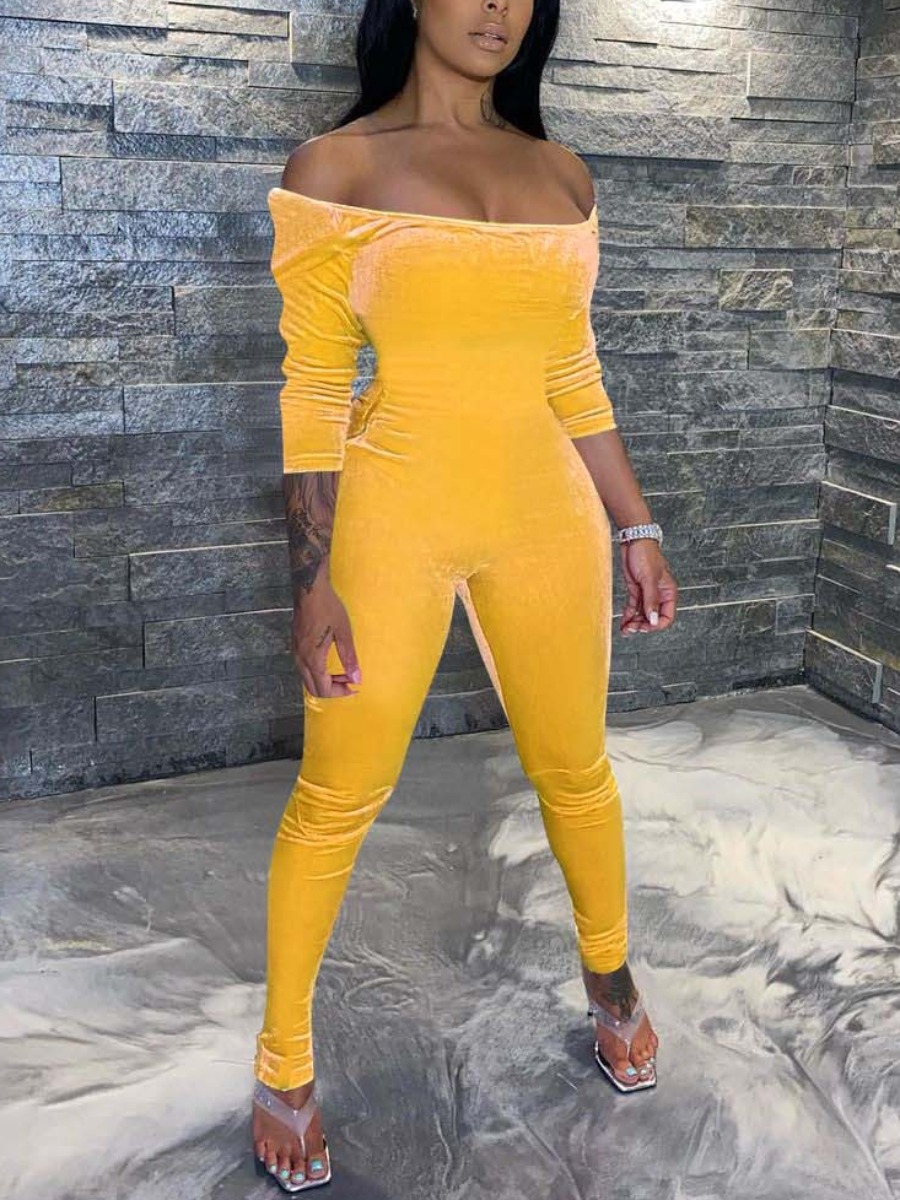 

LW SXY Velvet Off The Shoulder Solid Jumpsuit, Yellow