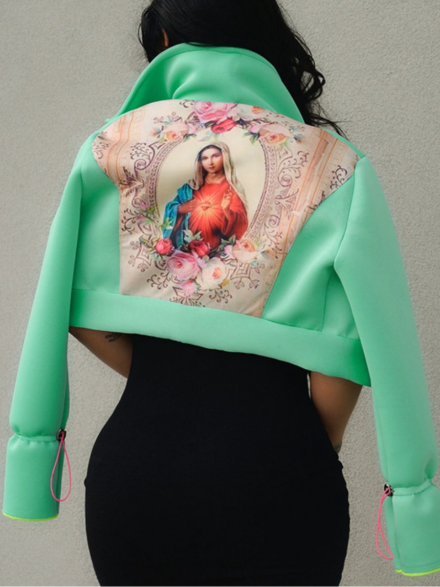 

LW Portrait Print Patchwork Crop Jacket, Green