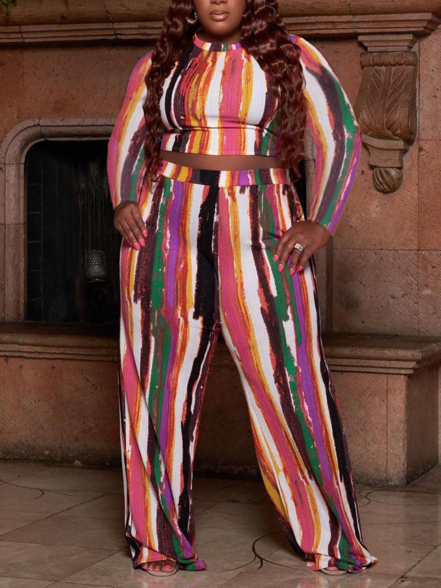 

LW Plus Size Pocket Design Striped Crop Pants Set, Rose red