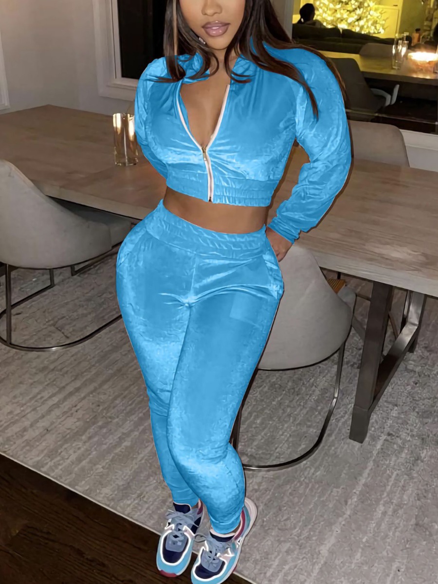 

LW Velvet Zipper Design Solid Pants Set, Blue