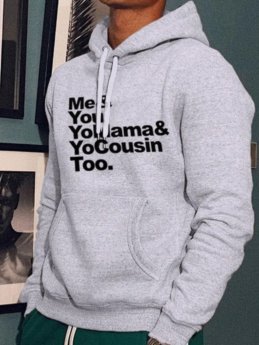 

LW Men Letter Print Kangaroo Pocket Hoodie, Grey