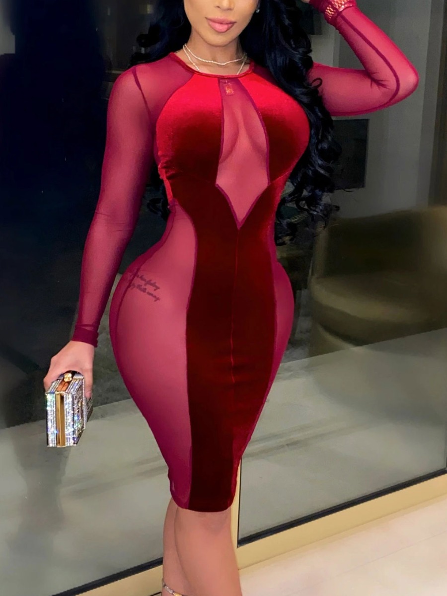 

LW SXY Velvet See-through Bodycon Prom Dress, Wine red