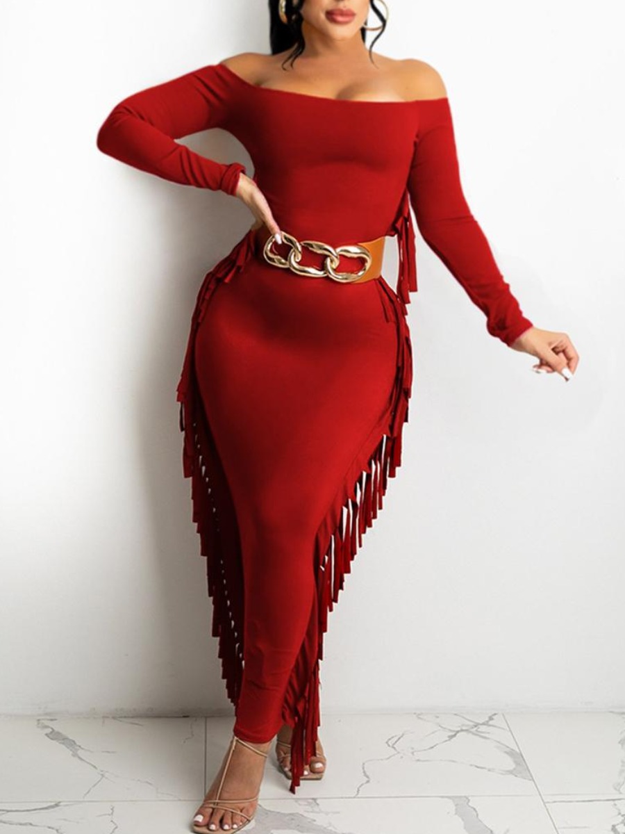 

LW Tassel Design Basic Bodycon Dress (Without Belt), Red