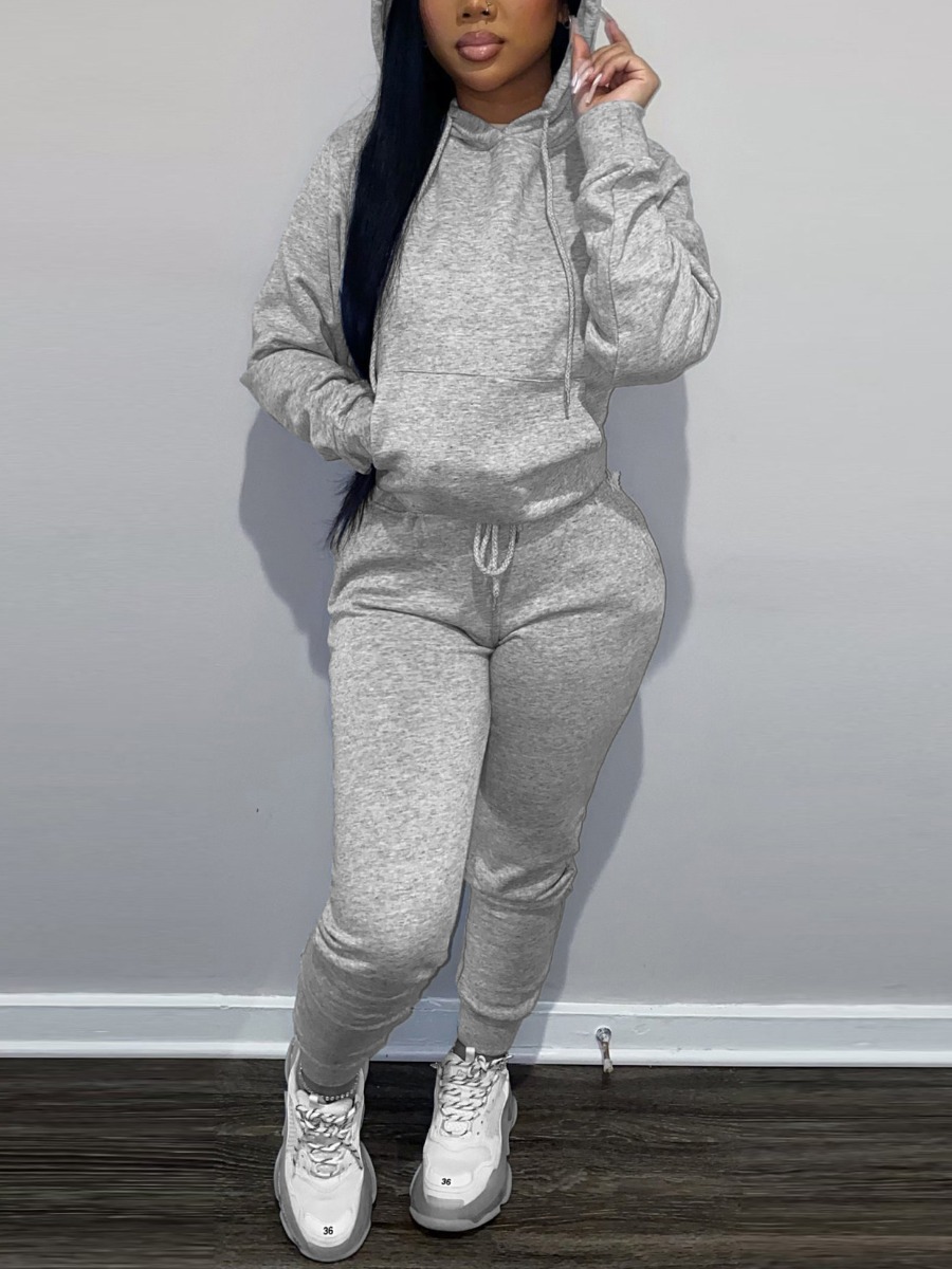 

LW BASICS Hooded Collar Drawstring Solid Tracksuit Set, Grey