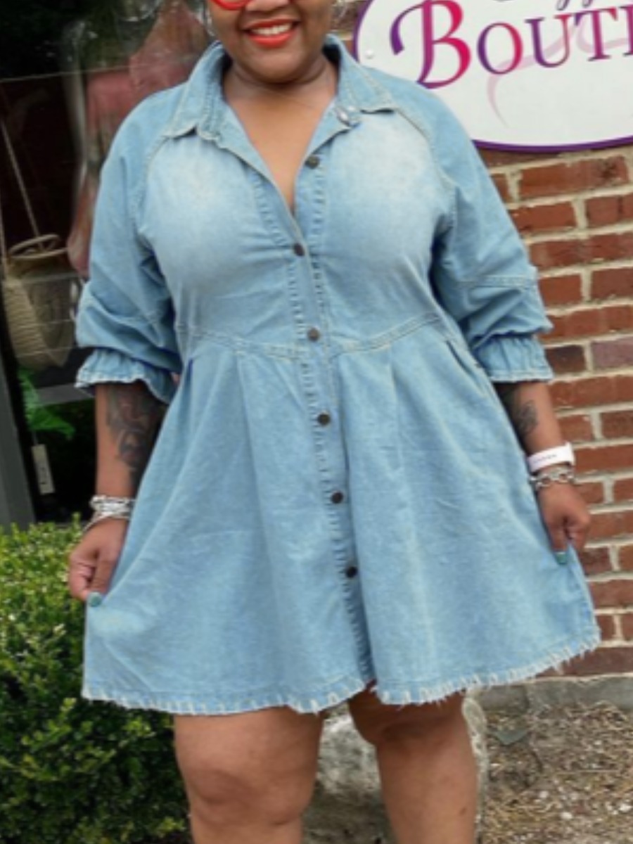 

LW Turndown Collar Ruffle Design Denim Dresses, Baby blue