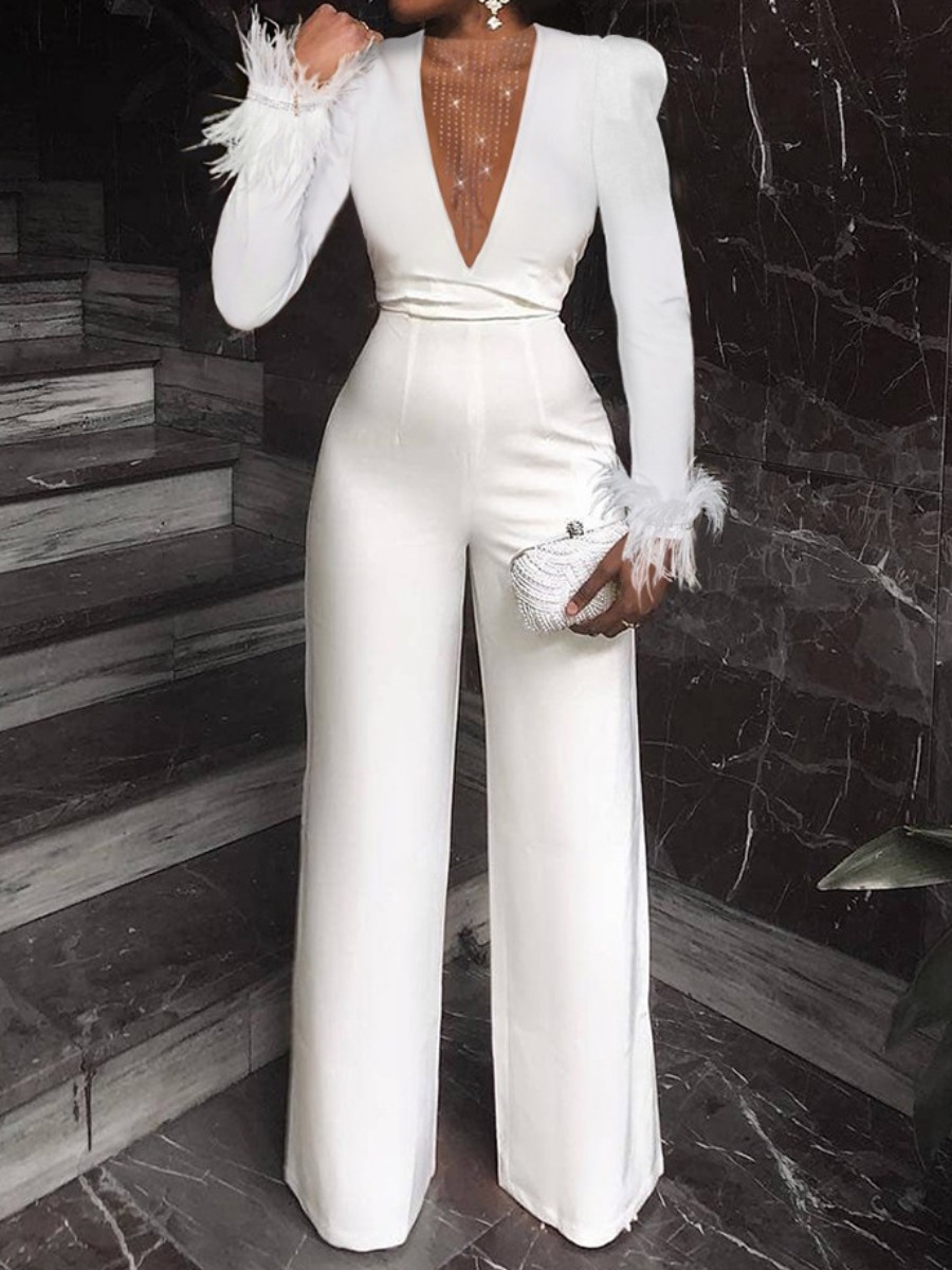 

LW SXY Feather Decor Sequined Wide Leg Jumpsuit, White