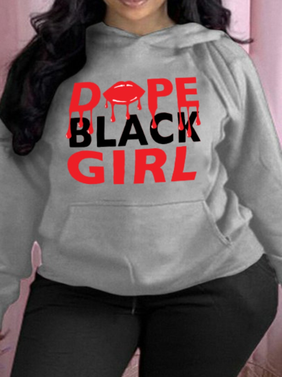 LW Plus Size Pocket Design Letter Lip Print Hoodie