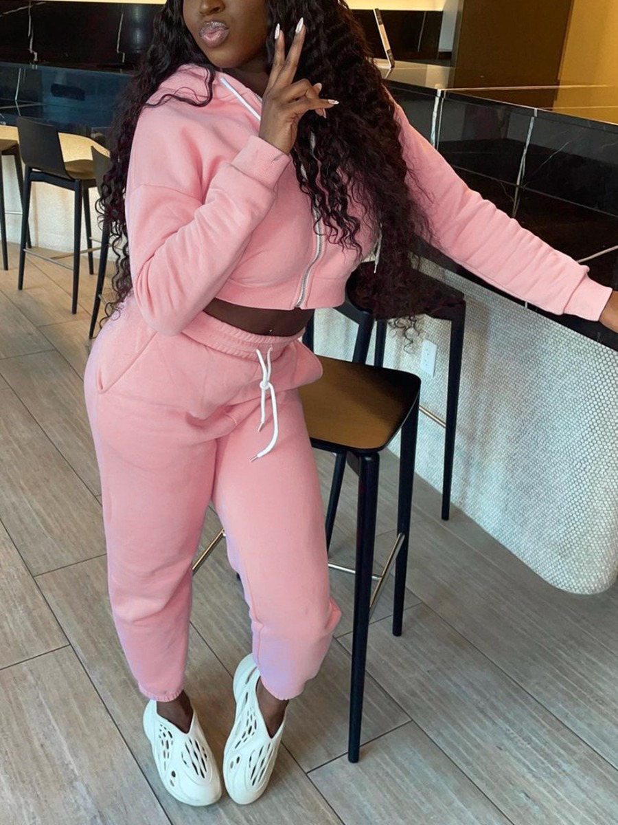 

LW BASICS Hooded Collar Drawstring Tracksuit Set, Pink