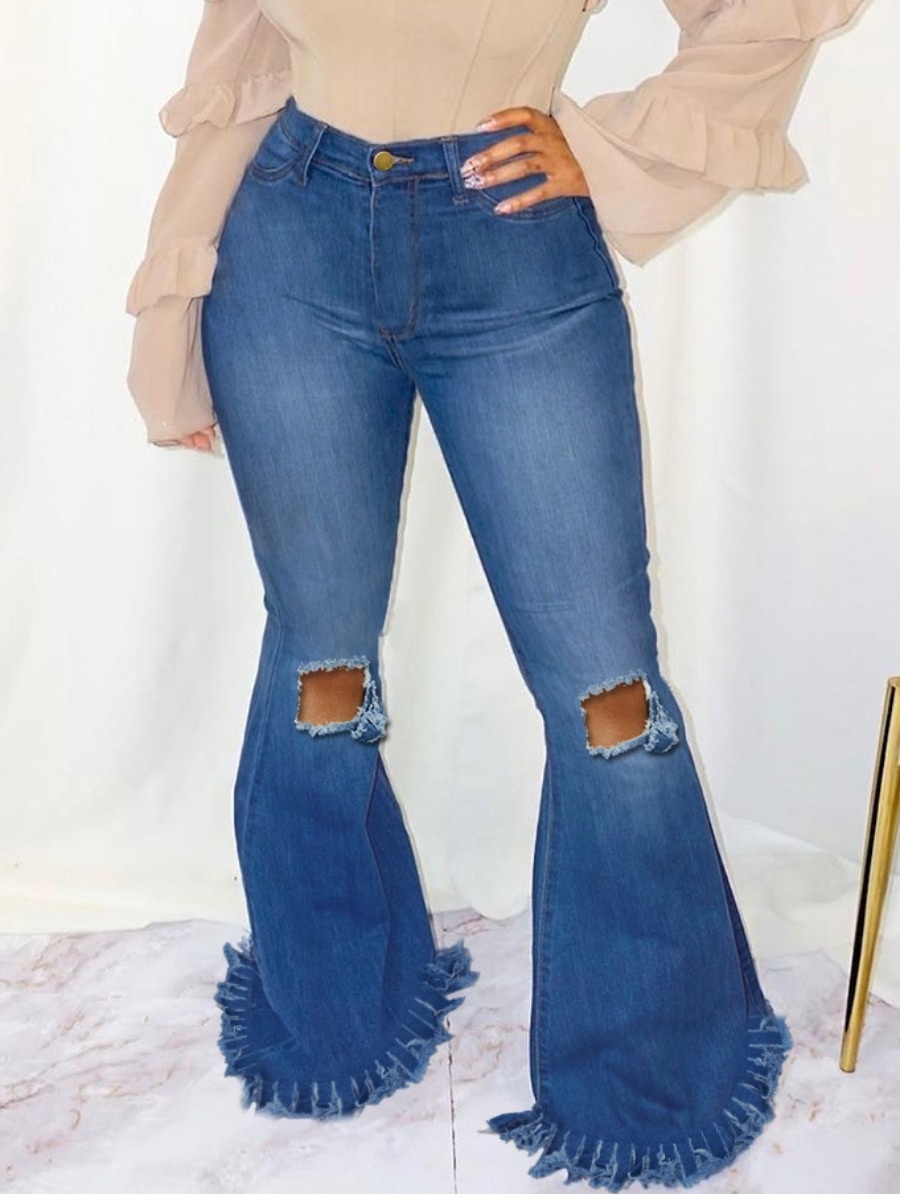 

LW High Waist Ripped Flare Jeans, Deep blue