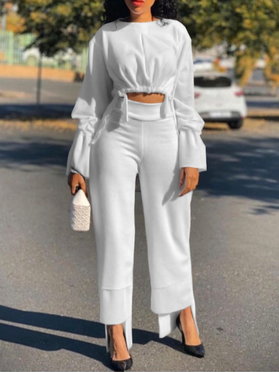 

LW Asymmetrical Ruched Drawstring Pants Set, White