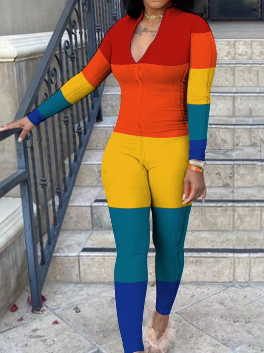 

LW BASICS Color-lump Patchwork Skinny Jumpsuit, Orange