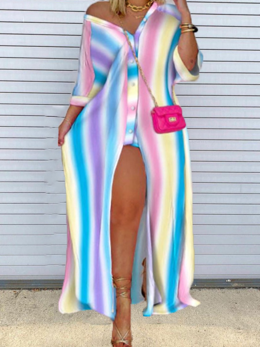

LW Button Decor Split Striped Shirt Dress, Multicolor mstn