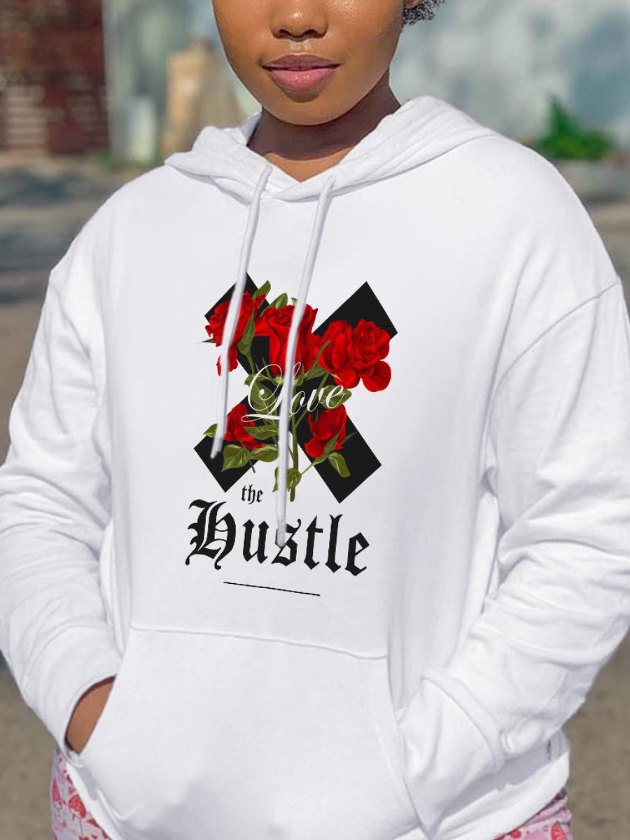 

LW Letter Rose Print Hoodies, White