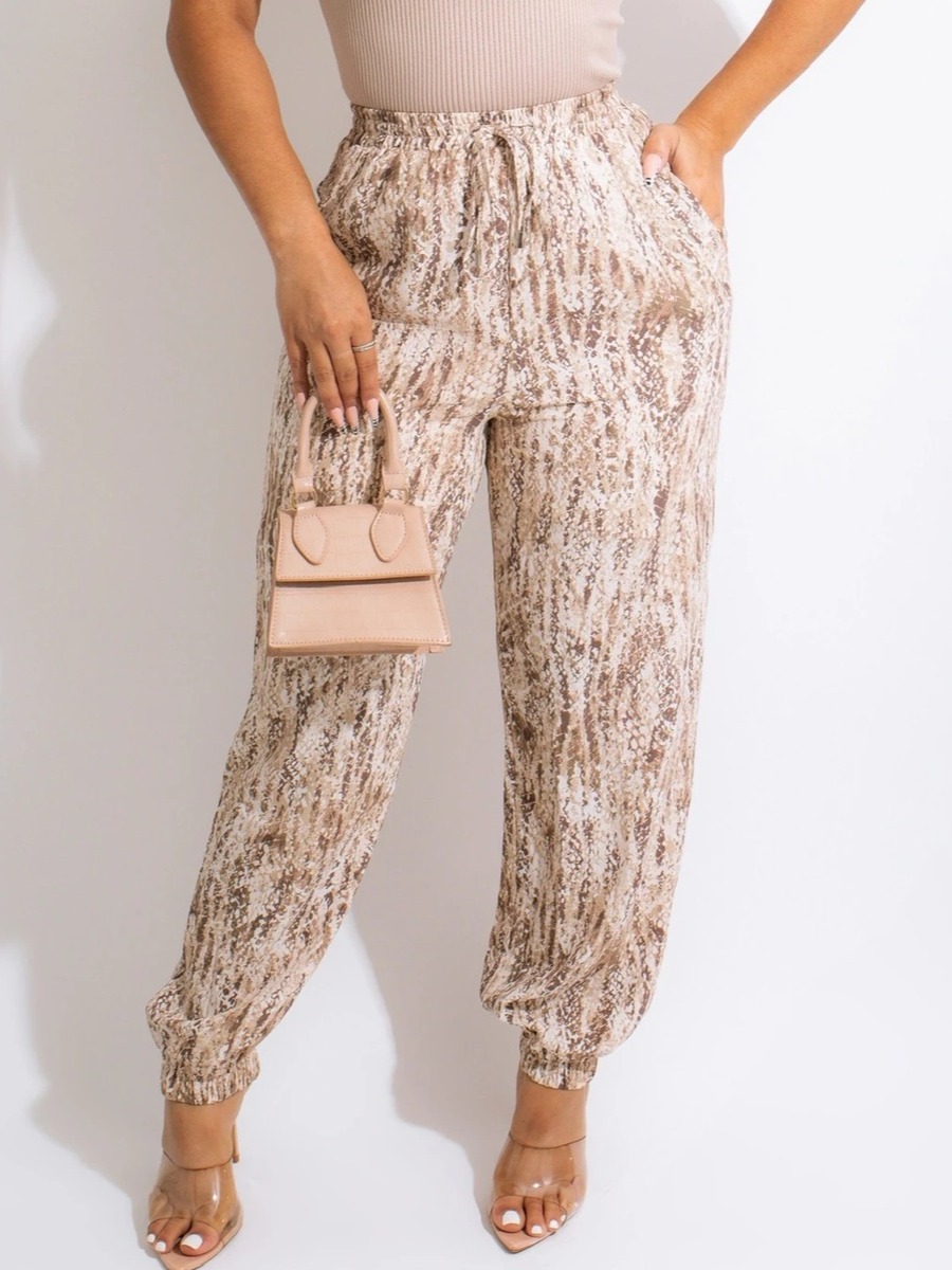 

LW Mixed Print Drawstring Pocket Design Pants, Apricot