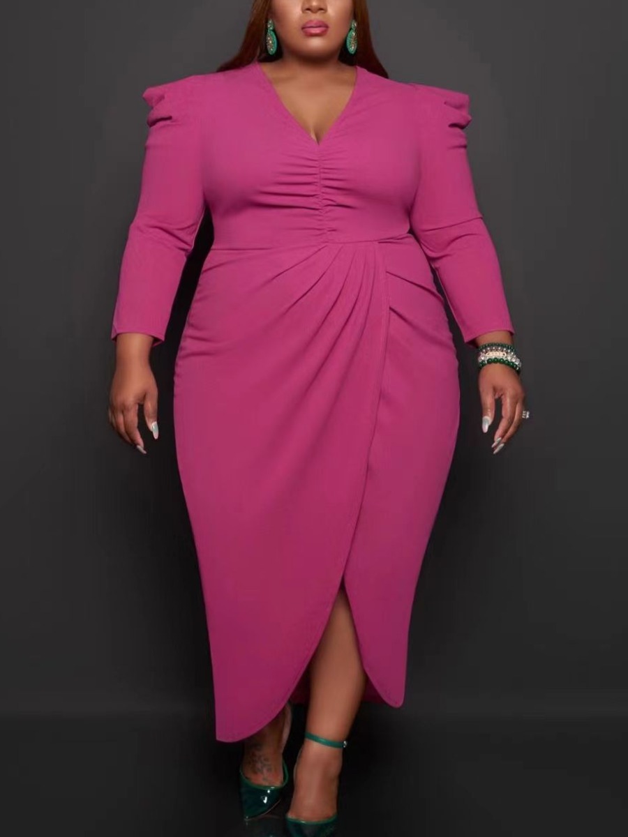 

LW Plus Size Split Ruched Solid Dress, Rose red