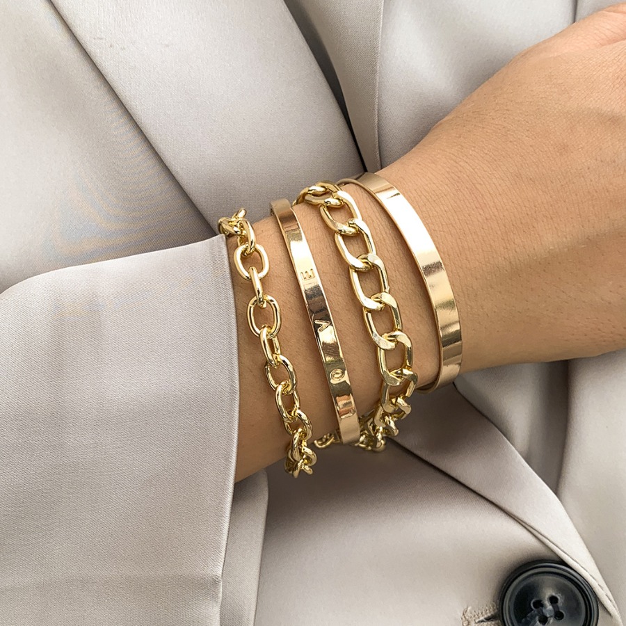 

LW 4pcs Chain Metal Decor Solid Bracelet, Gold