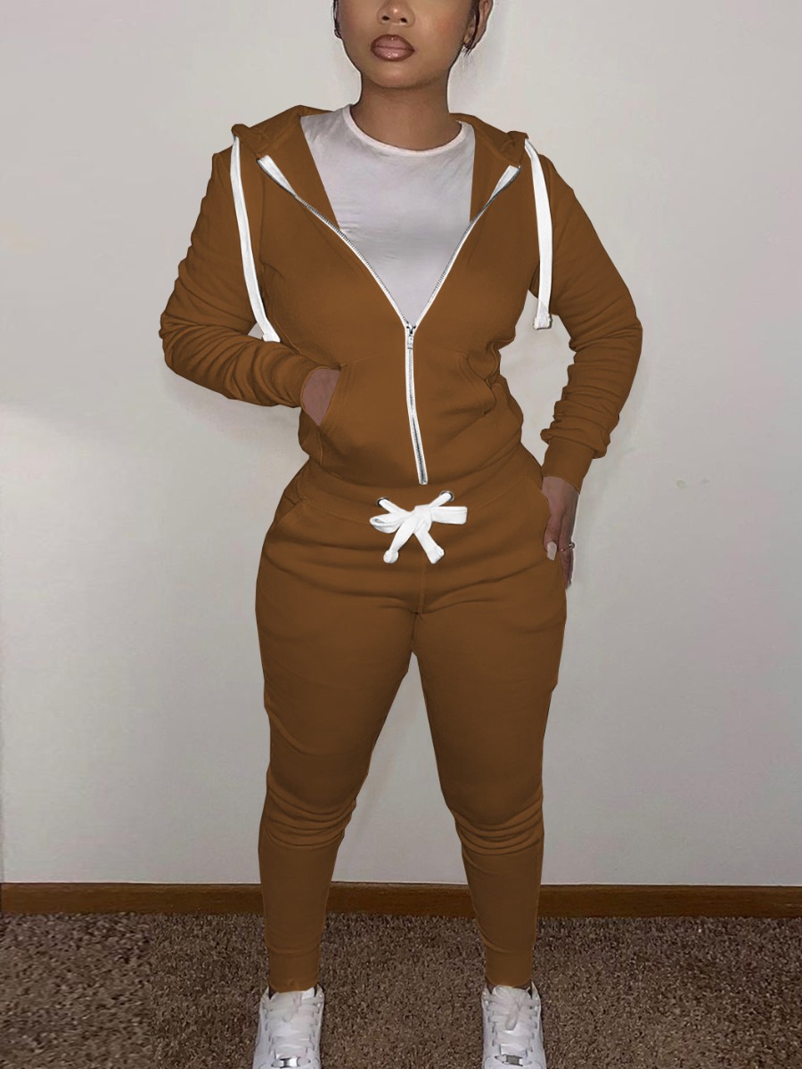 

LW COTTON Sweat Zipper Design Drawstring Tracksuit Set, Coffee