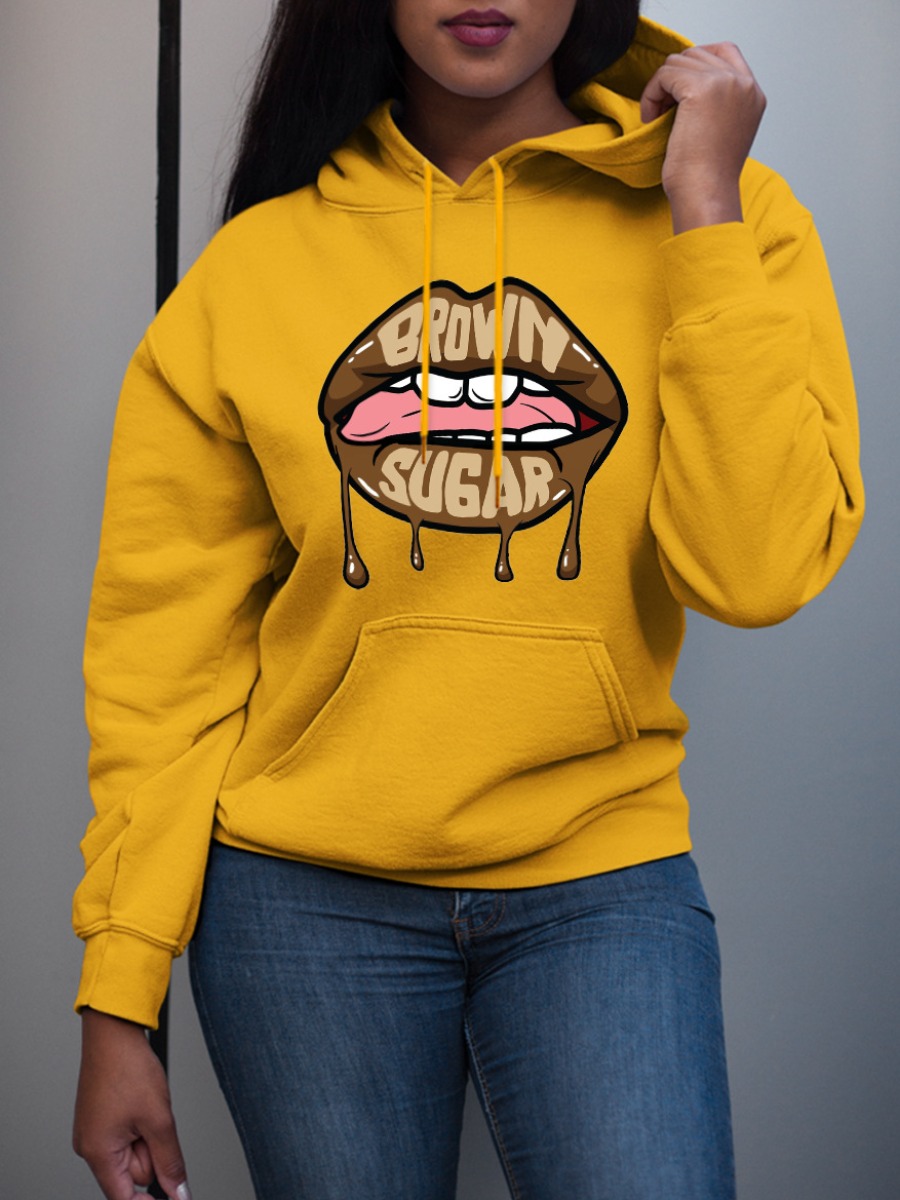 

LW Plus Size Pocket Design Lip Print Letter Hoodie, Yellow