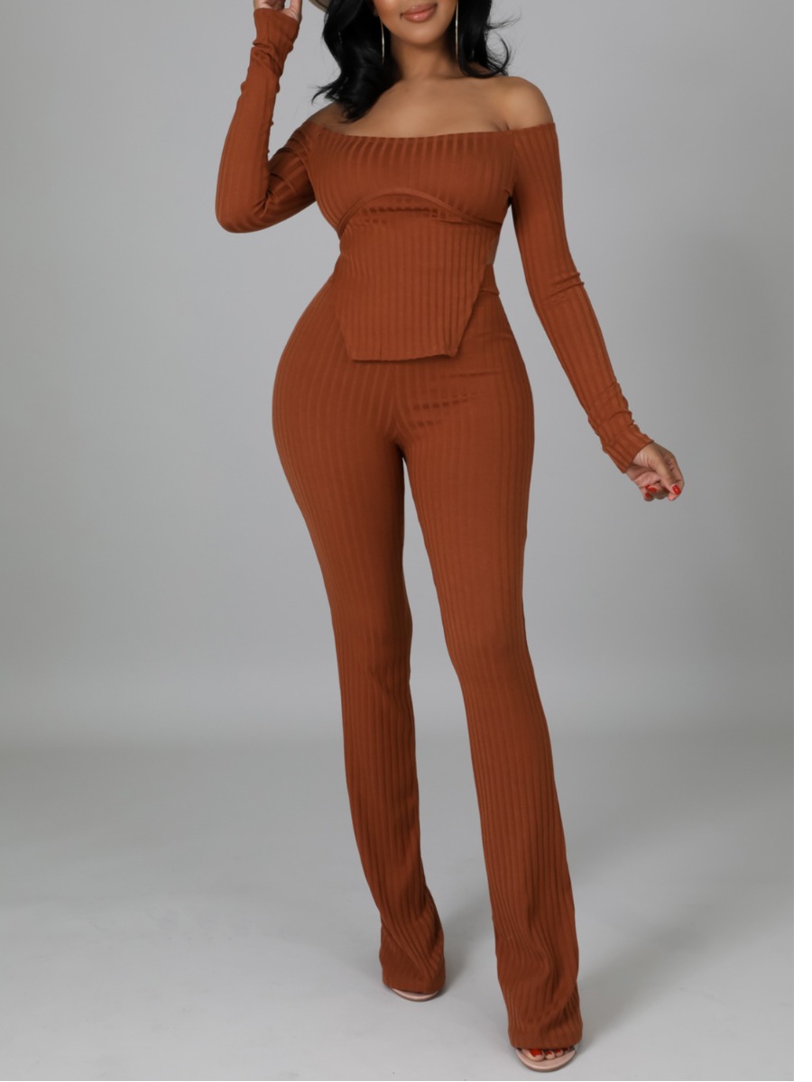 

LW Off The Shoulder Rib Knit Split Pants Set, Jacinth