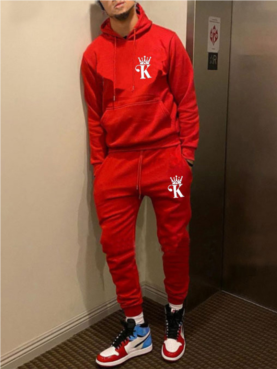 

LW BASICS Men Crown King Print Tracksuit Set, Red