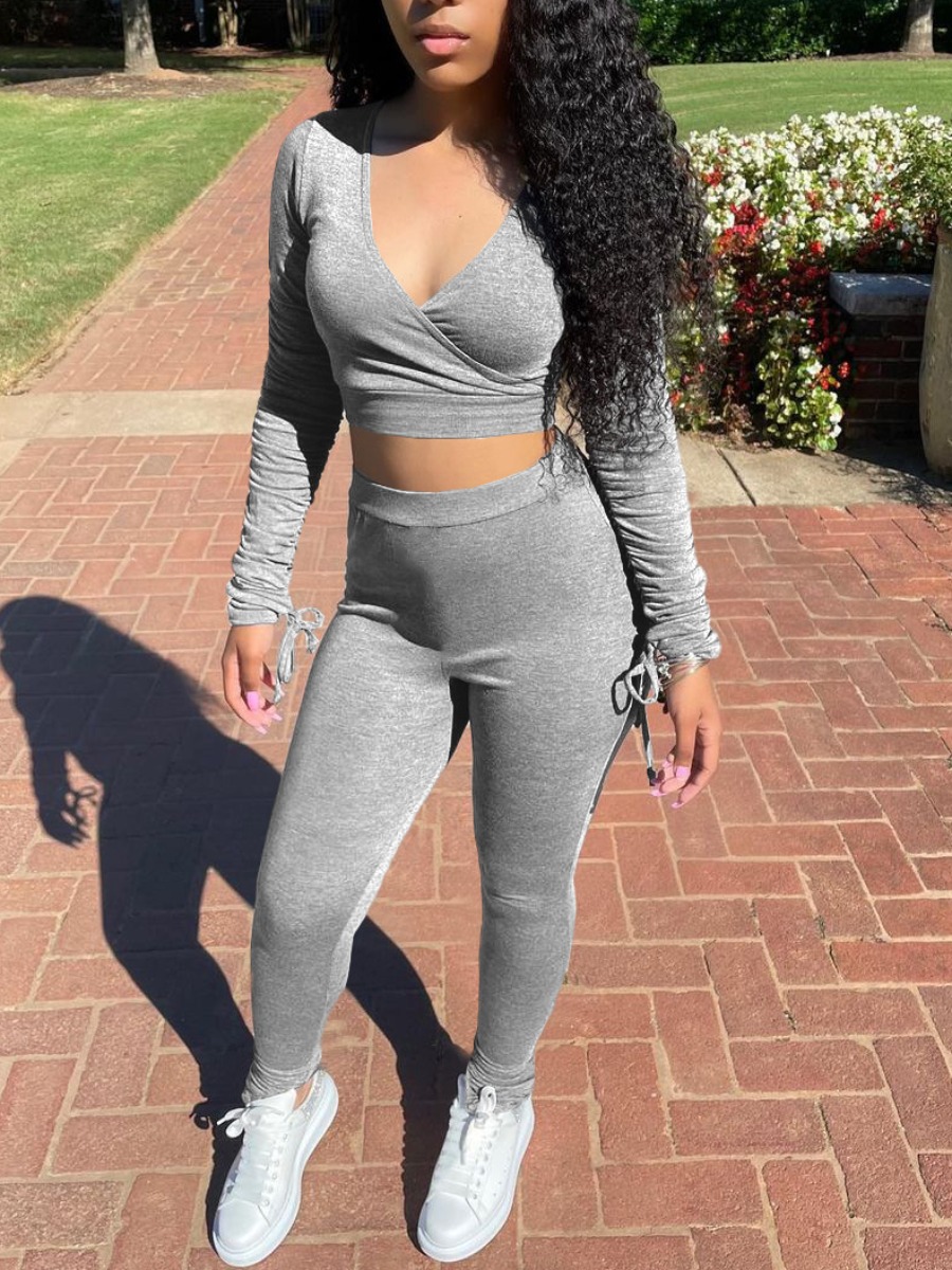 

LW Drawstring Ruched Crop Top Pants Set, Grey