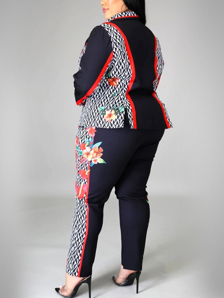 

LW Plus Size Flower Pattern Striped Panel Pants Set, Multi
