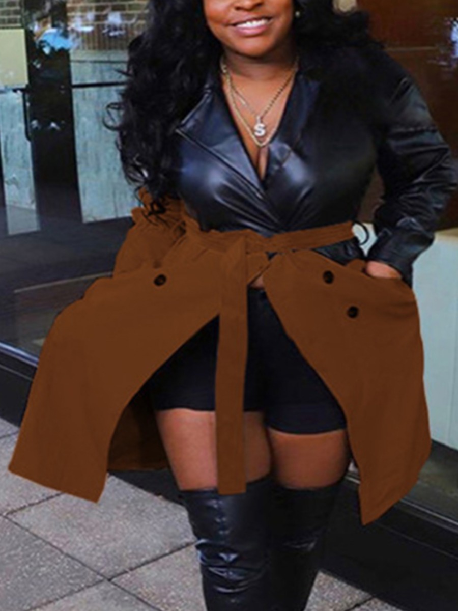 

LW Plus Size Faux Leather Panel Belted Trench Coat, Brown