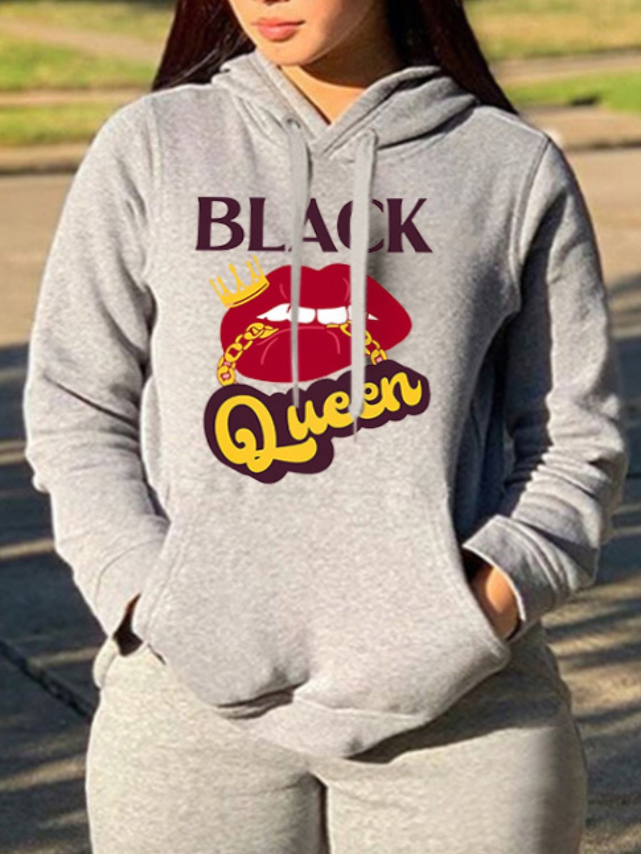 

LW Plus Size Lip Letter Print Hoodie, Grey