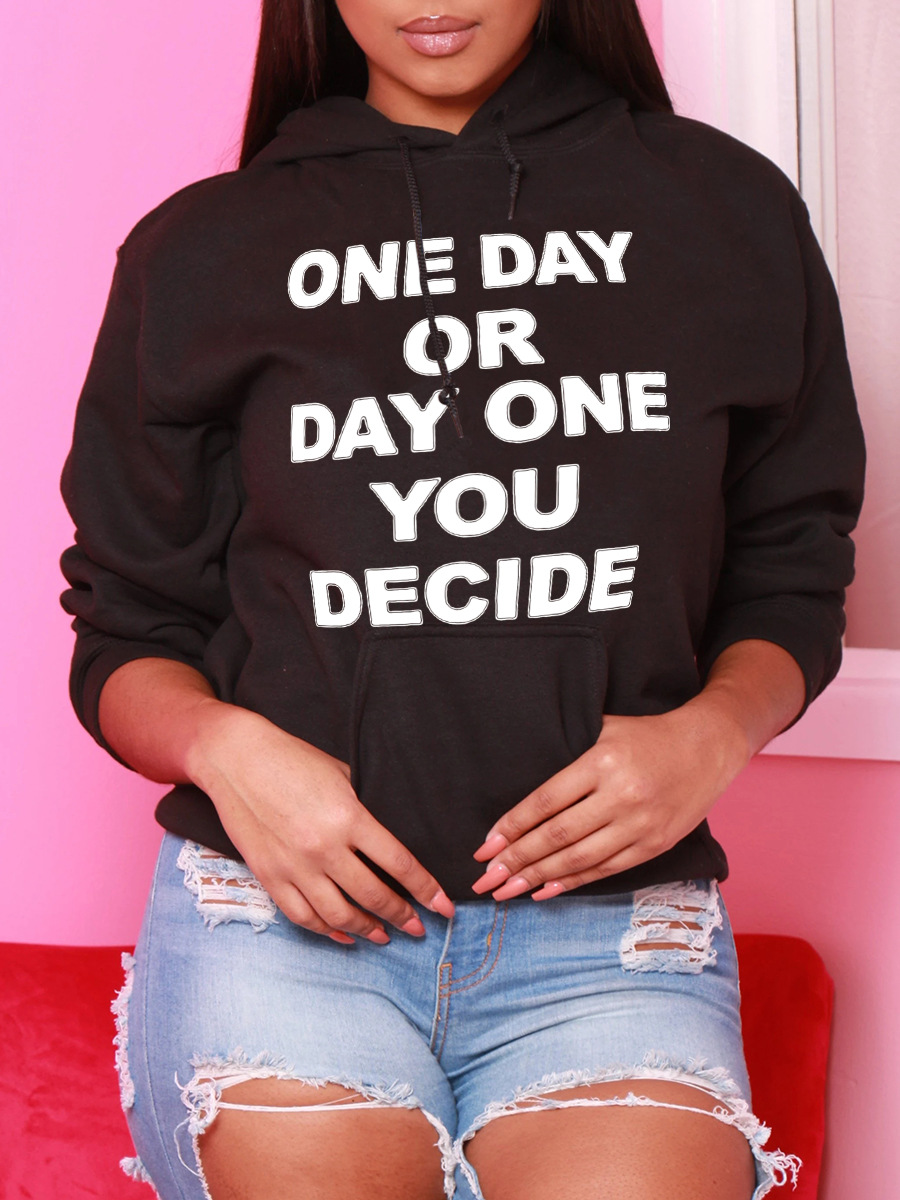 

LW Plus Size Pocket Design Letter Print Hoodie, Black