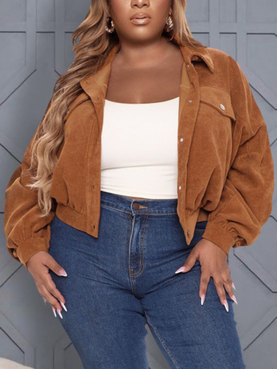 

LW Plus Size Corduroy Button Decor Jacket, Deep camel