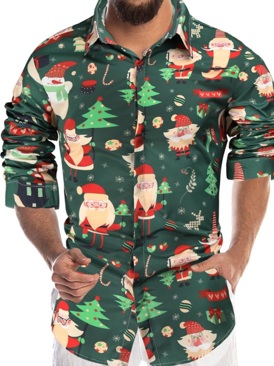 

LW Men Christmas Day Cartoon Print Shirt, Multi
