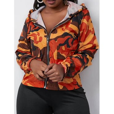 

LW Hooded Collar Zipper Camo Print Outerwear