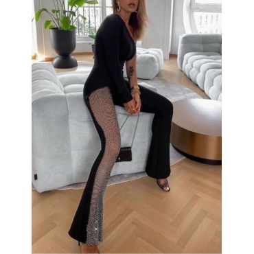 

LW SXY See-through Mesh Patchwork Flared Jumpsuit, Black