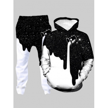 

LW Men Street Hooded Collar Starry Sky Print Black Two-piece Pants Set