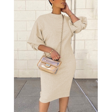 

LW BASICS Round Neck Lantern Sleeve Bodycon Dress, Khaki