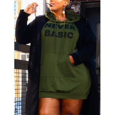 

LW Plus Size Casual Hooded Collar Letter Print Army Green Mini Dress