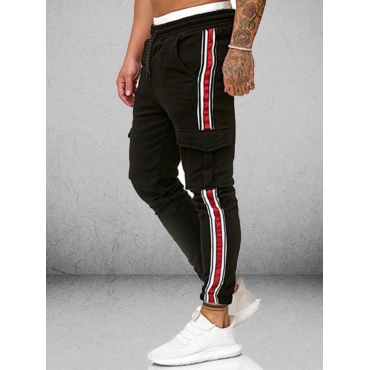 

LW COTTON Men Striped Patchwork Drawstring Pants, Black