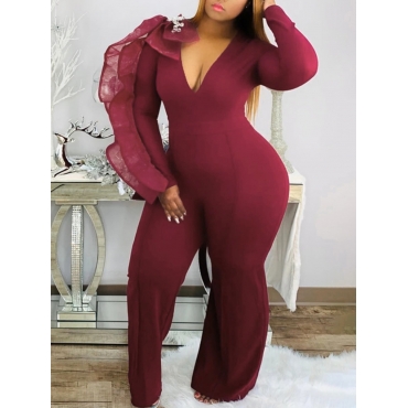 

LW Plus Size Bow Ruffle Design Jumpsuit, Wine red