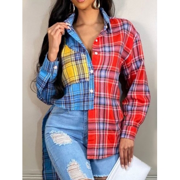 

LW High Low Color Block Plaid Shirt, Red