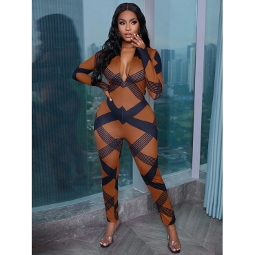 

LW Polyester Basic Geometric Skinny Jumpsuit, Dark coffee
