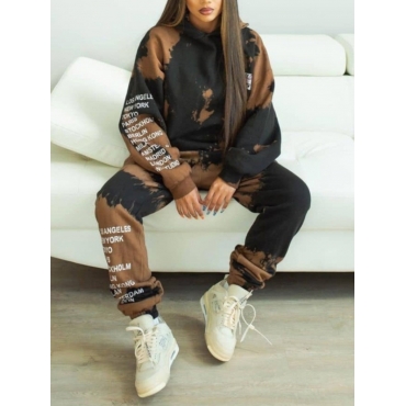 

LW Tie-dye Letter Print Tracksuit Set, Brown