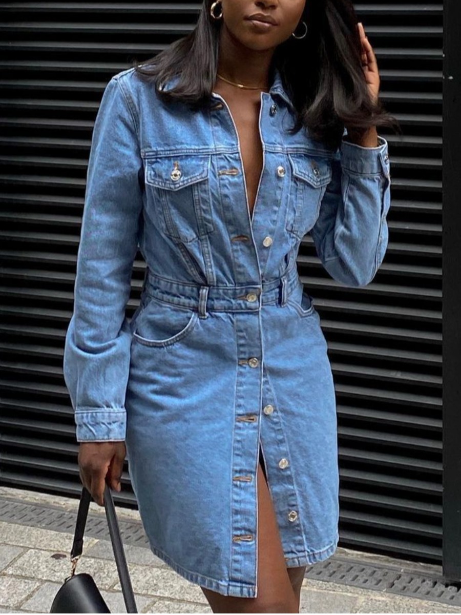 

LW Turndown Collar Button Design Denim Dresses, Blue