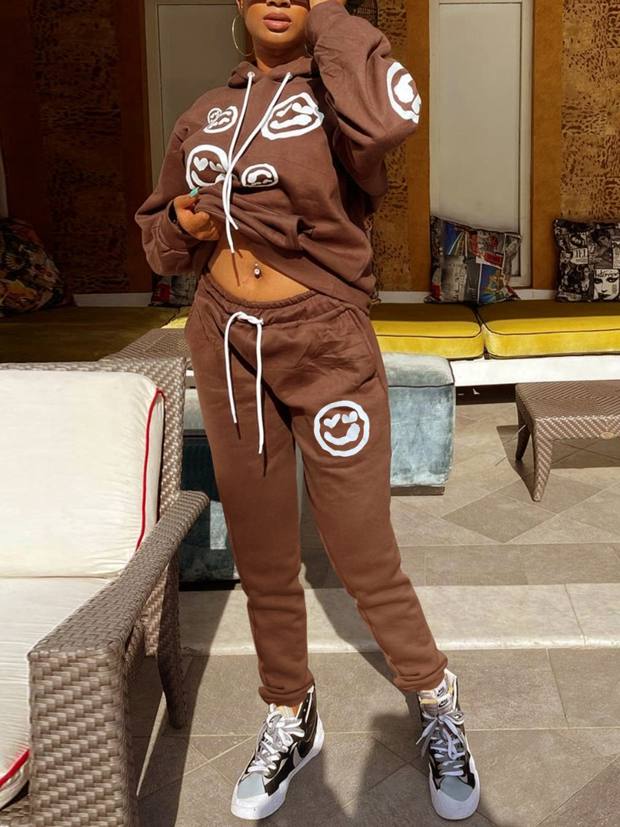 

LW Smile Print Drawstring Tracksuit Set, Brown