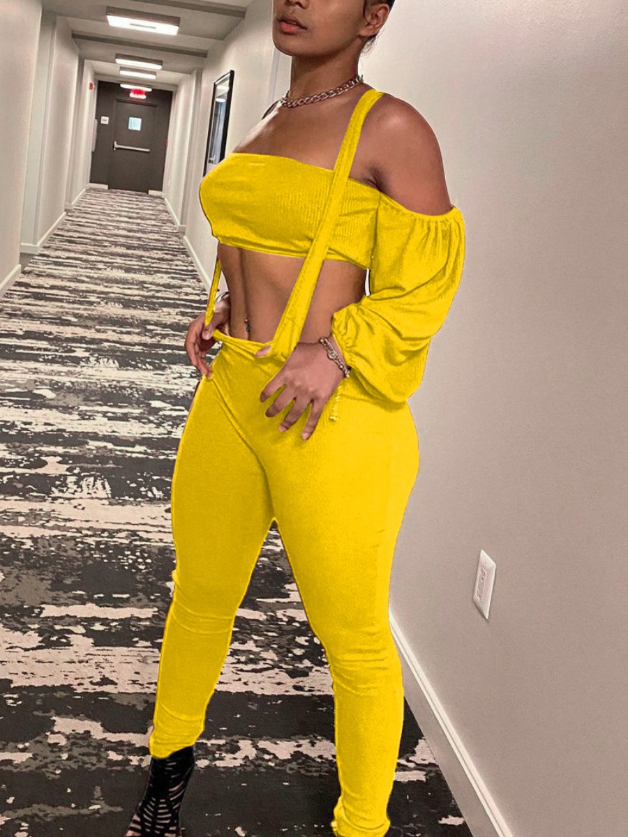 

LW Off The Shoulder Overall Crop Pants Set, Yellow
