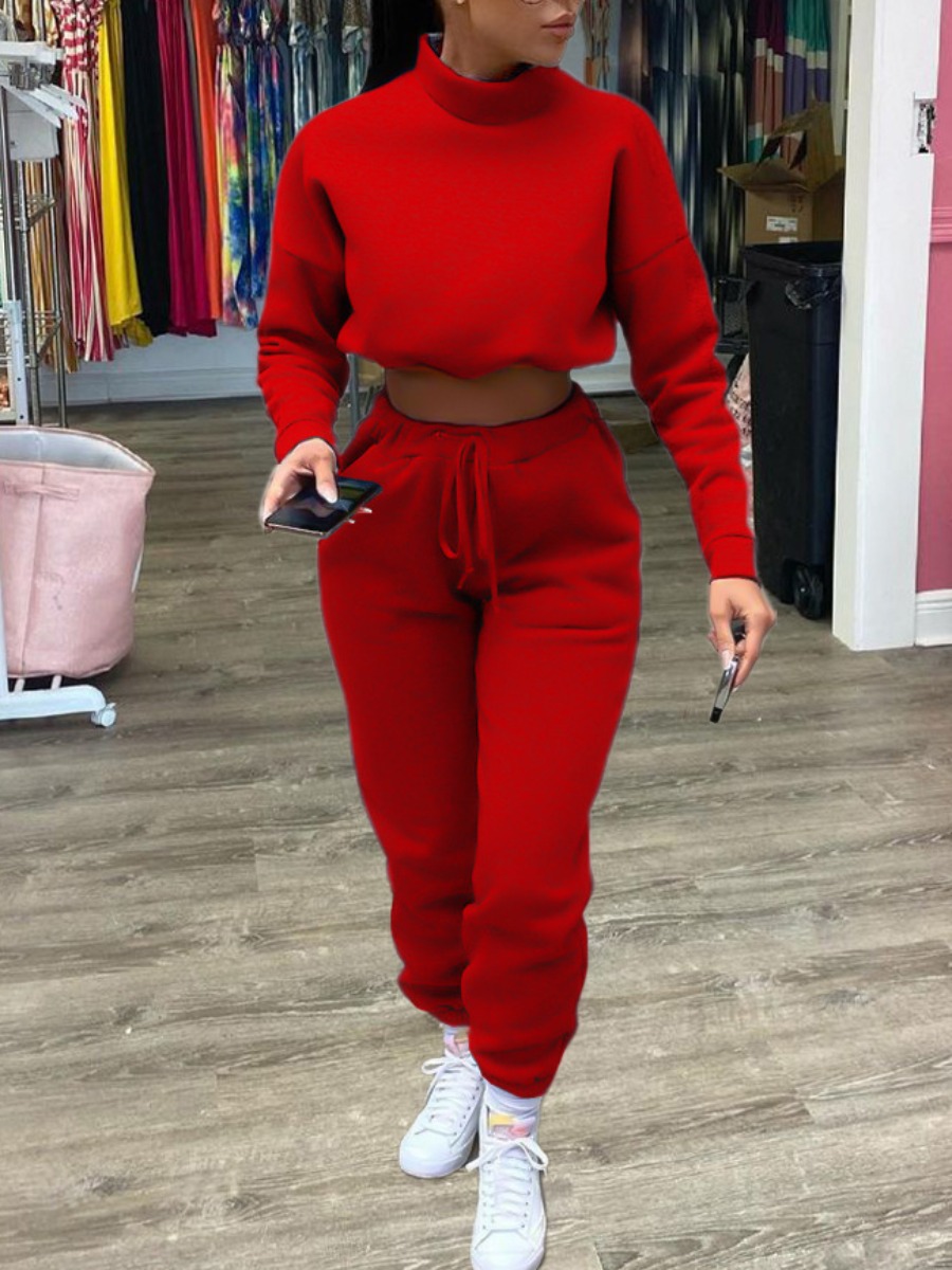 

LW BASICS Sweat Drawstring Pullover Crop Pants Set, Red